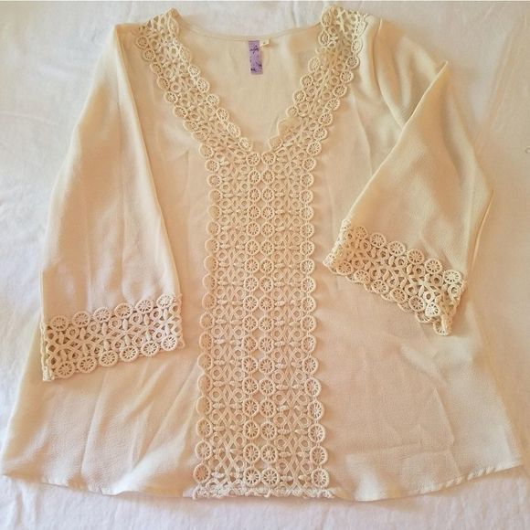 3 for $18 Alya Cream Top w/Crocheted Detail and Bell Sleeves - Picture 3 of 4